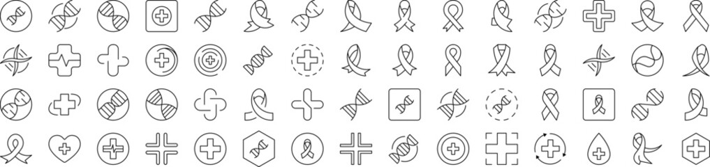 Collection of Icons of Medical Cross, Pink Ribbon, DNA Drawn with Thin Line for apps, web sites, banners, infographics and other types of design