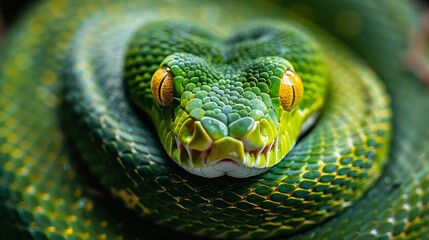 Fototapeta premium A close-up of the head and body of a green snake with yellow eyes, coiled in its environment. The background is blurred to emphasize it. 