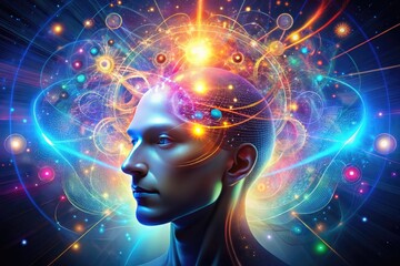 Vibrant, swirling lights and shapes envelop a human head, abstractly blending mental concepts, creativity, and knowledge into a mesmerizing, futuristic, and dreamlike digital illustration.
