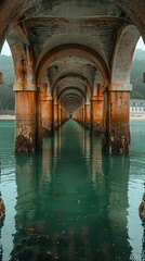 A row of arches beneath a bridge over a body of water.