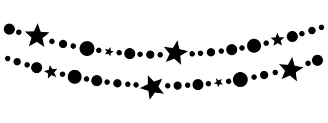 hanging christmas bead with star shape elements garland black filled vector border, simple decorative frame for carnival or celebration, decor garlands isolated on white background