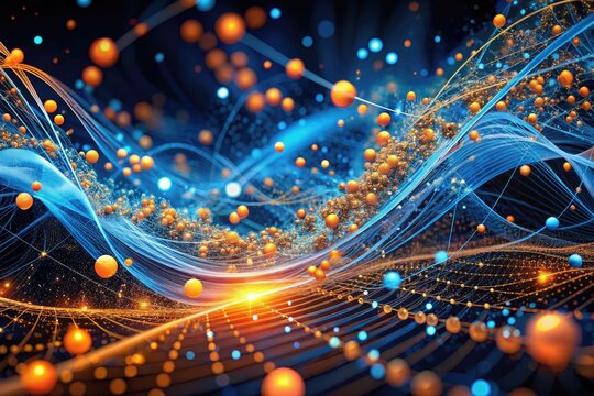 Vibrant swirls of blue and orange data points merge with intricate lines and shapes, forming a mesmerizing abstract representation of statistical analysis and data visualization.