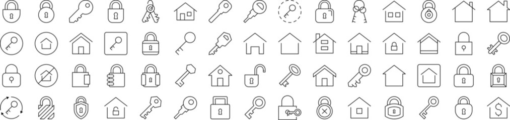 Set of Real Estate Related Line Icons. Editable Stroke for Design, Web Sites, Apps, Cards. Contains Linear Images of House and Key