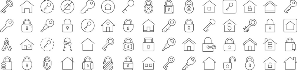 Real Estate Line Icon Pack. Modern Collection for Design, Web Sites, Apps, Cards. Contains Linear Images of House and Key