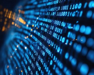 Obraz premium The abstract blue digital binary data stream on a computer screen background, representing technology, cybersecurity, coding, and data analysis