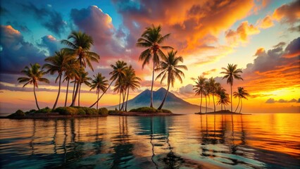 Vibrant tropical island landscape at sunset with swaying palm trees, calm turquoise waters, and a volcano silhouette against a warm orange and pink sky.