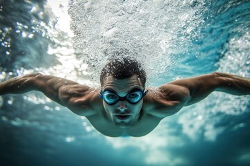 Swimmer navigates butterfly stroke with vigor in swimming pool.
