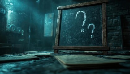 Scary movie trivia questions written on a chalkboard, set in a dimly lit room, spooky style, close-up, soft lighting, high detail
