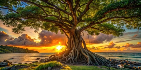 Vibrant tropical sunset illuminates ancient Ceiba tree's sprawling canopy, roots, and trunk, nestled among lush greenery, in a serene and mystical Honduran Caribbean coastline landscape.