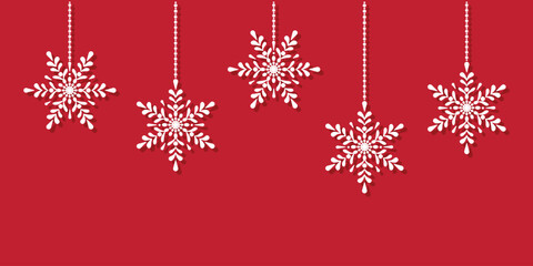 hanging snowflakes on red background, christmas pattern, simple winter holiday design, vector illustration