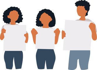 Fototapeta premium Group of diverse young modern women standing together and holding blank sign, flag and megaphone. Woman rights and solidarity concept. Hand drawn colorful vector illustration.