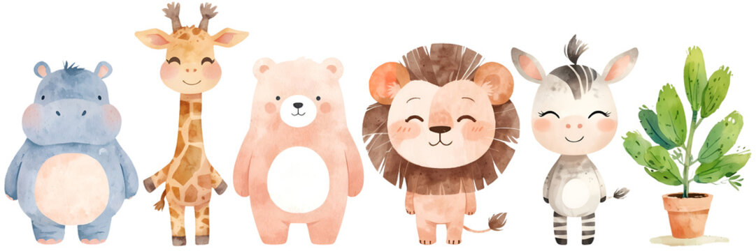 Watercolor safari animals PNG, Cute animal clipart Bundle, Lion, Elephant, Hippo, Giraffe, Baby Shower, Digital Download, Baby Nursery Art