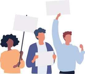Group of diverse young modern women standing together and holding blank sign, flag and megaphone. Woman rights and solidarity concept. Hand drawn colorful vector illustration.