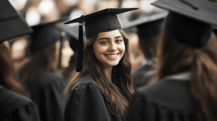 Fototapeta premium A happy young female graduate students wearing bachelor gowns the middle of a crowd of graduate students She is in focus standing still while other people move in university