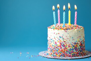 Birthday Cake with Colorful Candles and Sprinkles