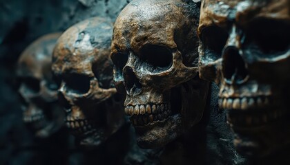 Skeleton masks with realistic bone details, displayed on a dark wall, creepy style, close-up, soft lighting, high detail, dark tones