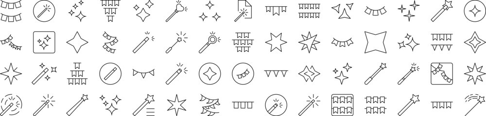 Set of Holiday Related Line Icons. Editable Stroke for Design, Web Sites, Apps, Cards. Contains Linear Images of Magic Wand, Garlands, Sparkles
