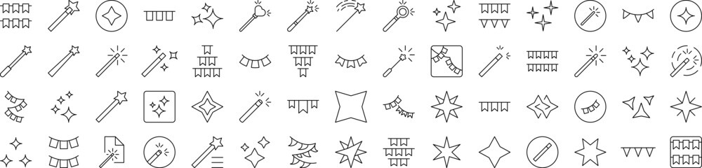 Bundle of Holiday Related Line Icons. Editable Stroke for Design, Web Sites, Apps, Cards. Contains Linear Images of Magic Wand, Garlands, Sparkles