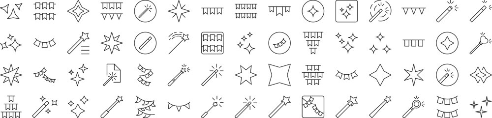 Holiday Line Icon Pack. Modern Collection for Design, Web Sites, Apps, Cards. Contains Linear Images of Magic Wand, Garlands, Sparkles