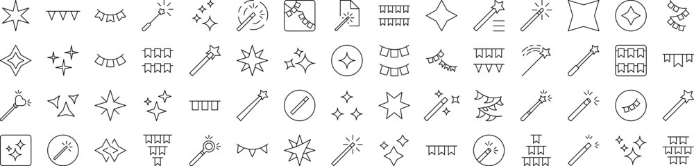 Holiday Line Icon Bundle. Modern Collection for Design, Web Sites, Apps, Cards. Contains Linear Images of Magic Wand, Garlands, Sparkles