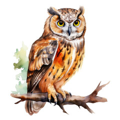 Naklejka premium Watercolor Illustration of a Brown Owl Perched on a Branch