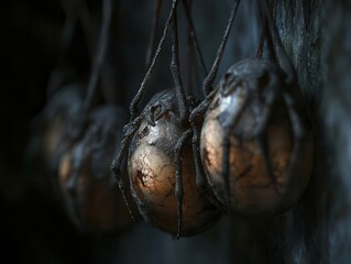 Obraz premium Spider egg sacs hanging from a dark corner, with tiny spiders emerging, creepy style, close-up, soft lighting, high detail