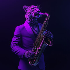 Fototapeta premium Portrait of leopard playing saxophone under vibrant neon lights