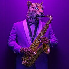 Fototapeta premium Portrait of leopard playing saxophone under vibrant neon lights