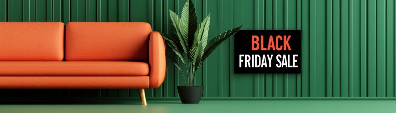 Stylish living room featuring an orange sofa, green wall, and a plant, perfect for Black Friday promotional content.
