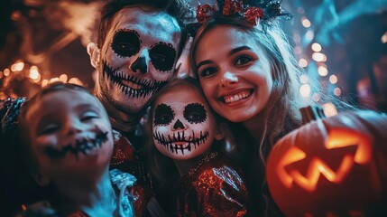 Spooky family photo with everyone in scary costumes, set in a haunted house, festive style, wide shot, soft lighting, vibrant colors