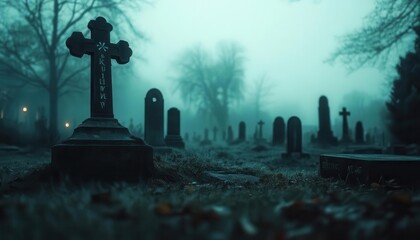 Spooky grave markers with eerie inscriptions, set in a foggy graveyard, creepy style, wide shot, soft lighting, high contrast