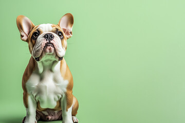 The photo of Dog French bulldog, Labrador retriever ,Golden retriever,  German shepherd ,Poodle, Beagle
 with a cheerful expression is sitting upright and alert on the left side of a solid  background