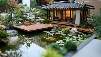 A scale model home with a Korean-style wooden deck and small pond