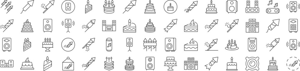 Holiday, Party, Fireworks, Cooks and Stereo Line Icon Collection. Editable Stroke. Minimalistic Linear Pictogram for Design of Cards, Apps, Banners, Posts