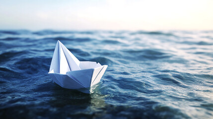 Close-up of a simple small white origami paper boat floating quietly in blue clear river or sea water under a bright summer sky. Freedom, dreams and fantasies concept, background for copy.