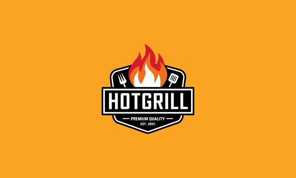 Hot grill logo with flames, utensils, and bold typography design