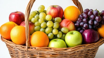 A basket filled with an assortment of bright-colored fruits, including apples, oranges, and grapes, against a white backdrop.