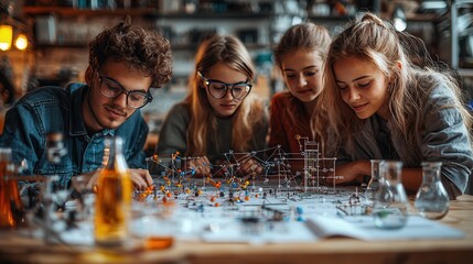 Diverse Group of Students Engaged in Collaborative Science Project with Models and Diagrams on Table