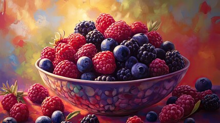 A bowl overflowing with fresh, vibrant berries--raspberries, blueberries, and blackberries--against a bright background.