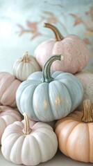pastel-colored pumpkins in shades of light blue, peach, and cream, creating a soft, elegant autumn display