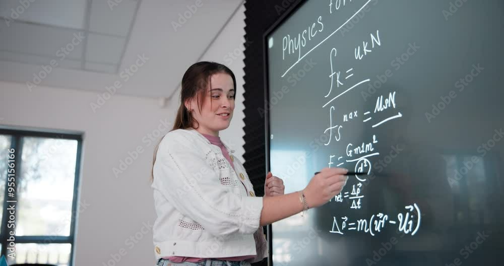 Aufkleber teaching, board and explaining of math, woman and writing of equations, smile and talking in school.