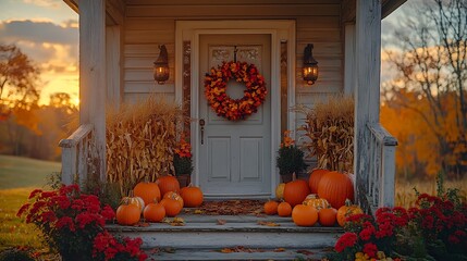 Obraz premium A cozy autumn scene on a rustic front porch, with a welcoming wreath on the door, pumpkins of various sizes on the steps, and corn stalks framing the entrance.