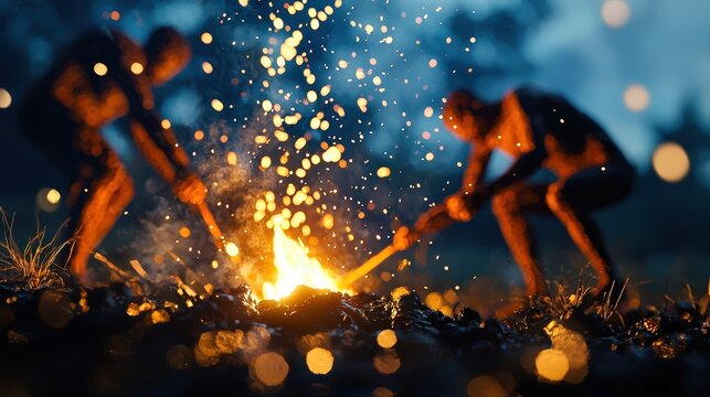 A representation of the first humans discovering fire