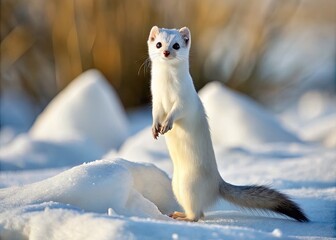 White Stoat With Black-Tipped Tail Standing On Hind Legs In Snowy Winter Landscape