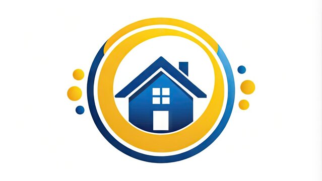 Yellow and blue modern logo for a real estate company featuring a stylized house icon surrounded by circular shapes, conveying trust, professionalism, and approachability.