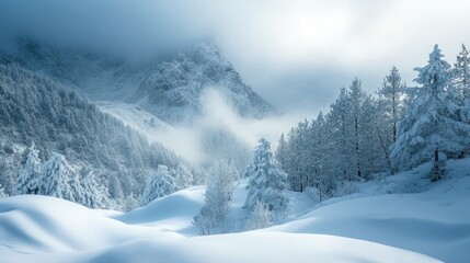 Heavy snowfall blanketing a mountain landscape, winter weather, cold and serene