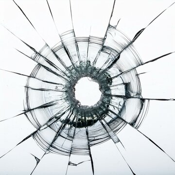 Detail von einem Einschussloch in der Glasscheibe mit abgehenden Splitterstrahlen.