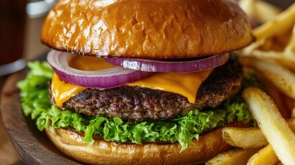 A close-up of a juicy cheeseburger with lettuce, tomato, and onions, served with a side of crispy fries.