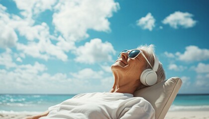 Joyful relaxation of a retired individual enjoying music, embodying the essence of a happy retirement filled with leisure and tranquility.