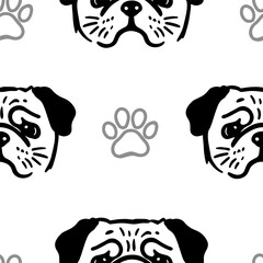 Seamless vector pattern with cute draw fluffy pug dogs and dog food., paws. Simple doodle style. Black and white